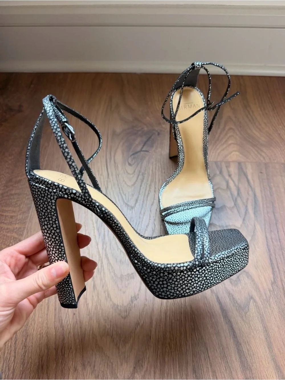 Alexandre Birman Black and White Speckle Platform Ankle-Strap Sandals